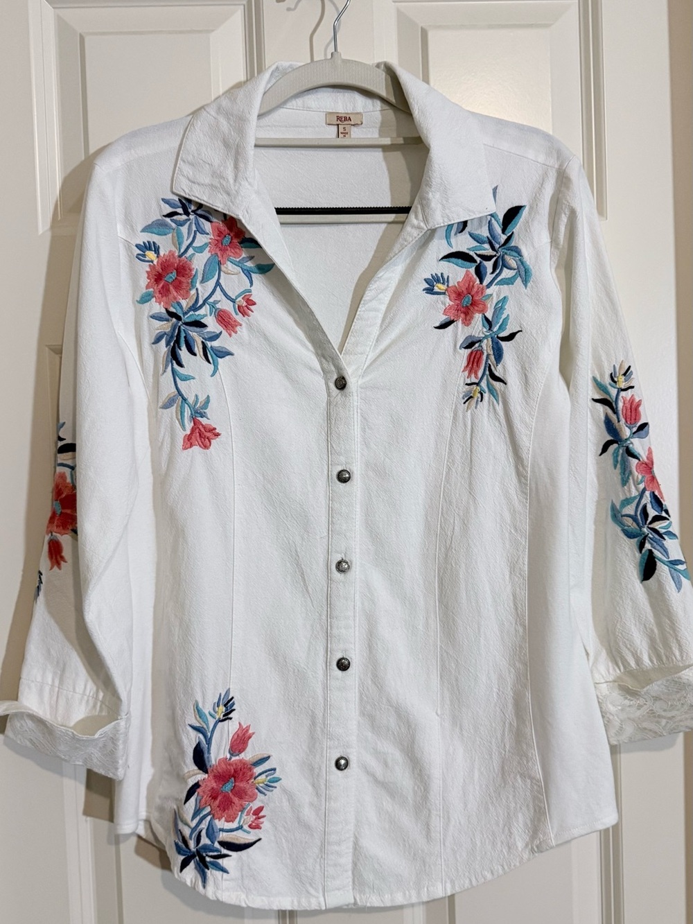 Reba 100% Cotton White Button-Down Shirt with Pink and Blue Floral Embroidery